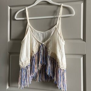Surf Gypsy ivory and blue gauze boho sleeveless top with adjustable straps